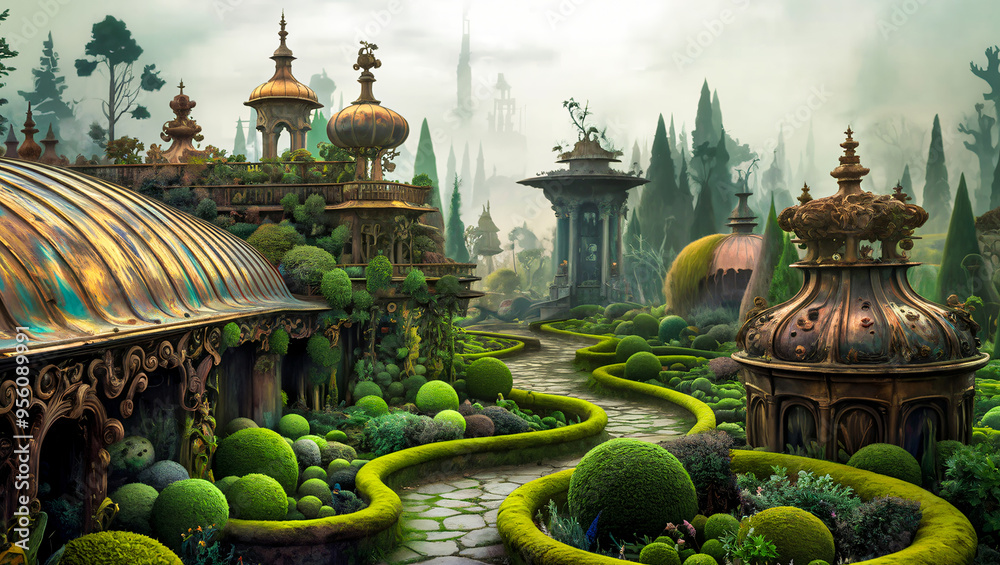Fototapeta premium A surreal and beautiful-style painting of an endless botanical garden with misty ancient lichen and moss-covered architecture.