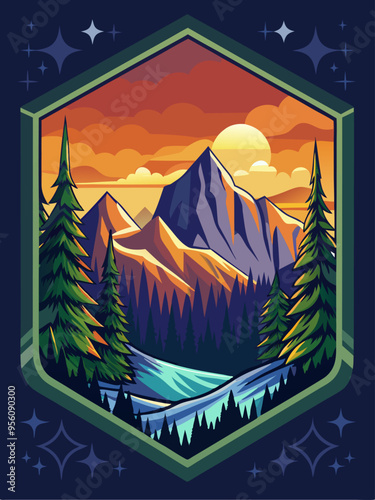 Majestic Mountain Peak at Sunset with Evergreen Trees and a Winding River