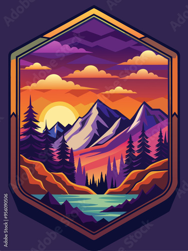 Mountain Range Landscape with Sunset and Lake