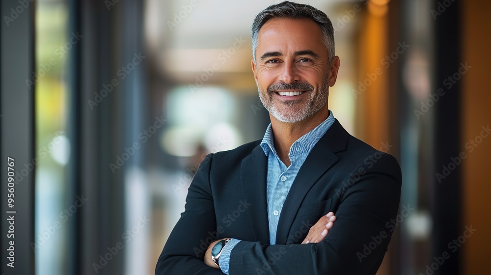 Rich and confident middle aged professional businessman standing near office window smiling cheerfully looking at camera Rich and confident middle aged professional businessman standing near office window smiling cheerfully looking at camera