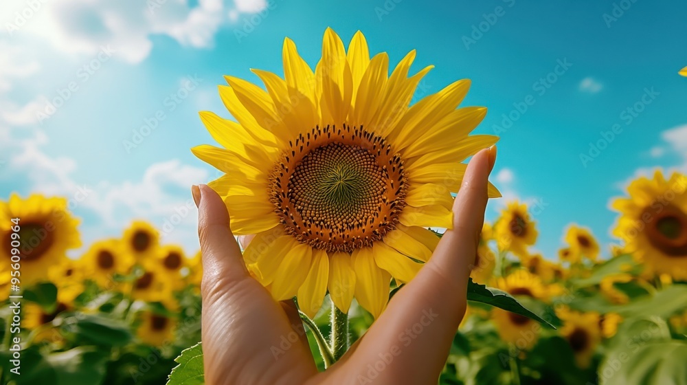 Fototapeta premium Closeup of a Hand Touching a Sunflower in a Field