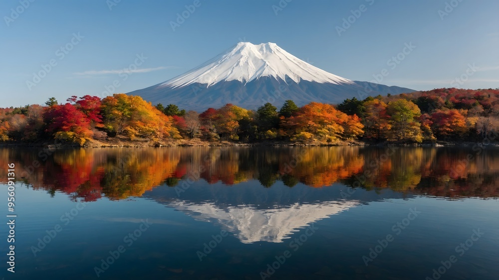 Obraz premium Colorful Autumn Season and Mountain Fuji with morning fog and red leaves at lake Kawaguchiko is one of the best places in Japan.