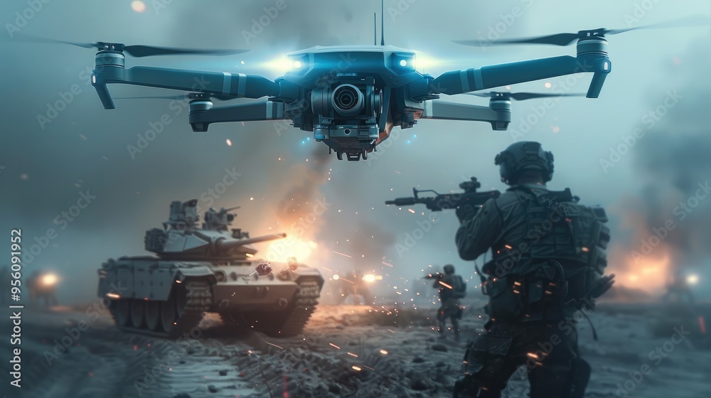A blue drone with lights is flying over the battlefield, soldiers and tanks fight against each other. The tank has a white shotgun mounted on its back, while an army soldier stands in front of it. A blue drone with lights is flying over the battlefield, soldiers and tanks fight against each other. The tank has a white shotgun mounted on its back, while an army soldier stands in front of it.