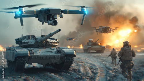 A blue drone with lights is flying over the battlefield, soldiers and tanks fight against each other. The tank has a white shotgun mounted on its back, while an army soldier stands in front of it. photo