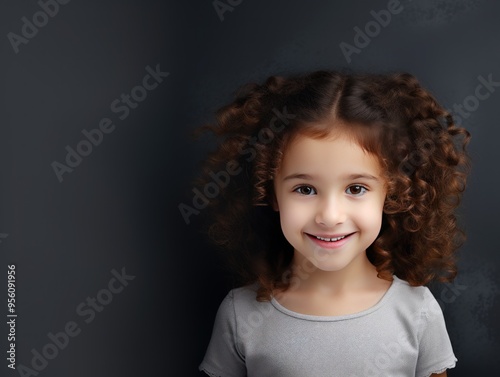 Charcoal background Happy european white child realistic person portrait of young beautiful Smiling child Isolated on Background Banner with copyspace  photo