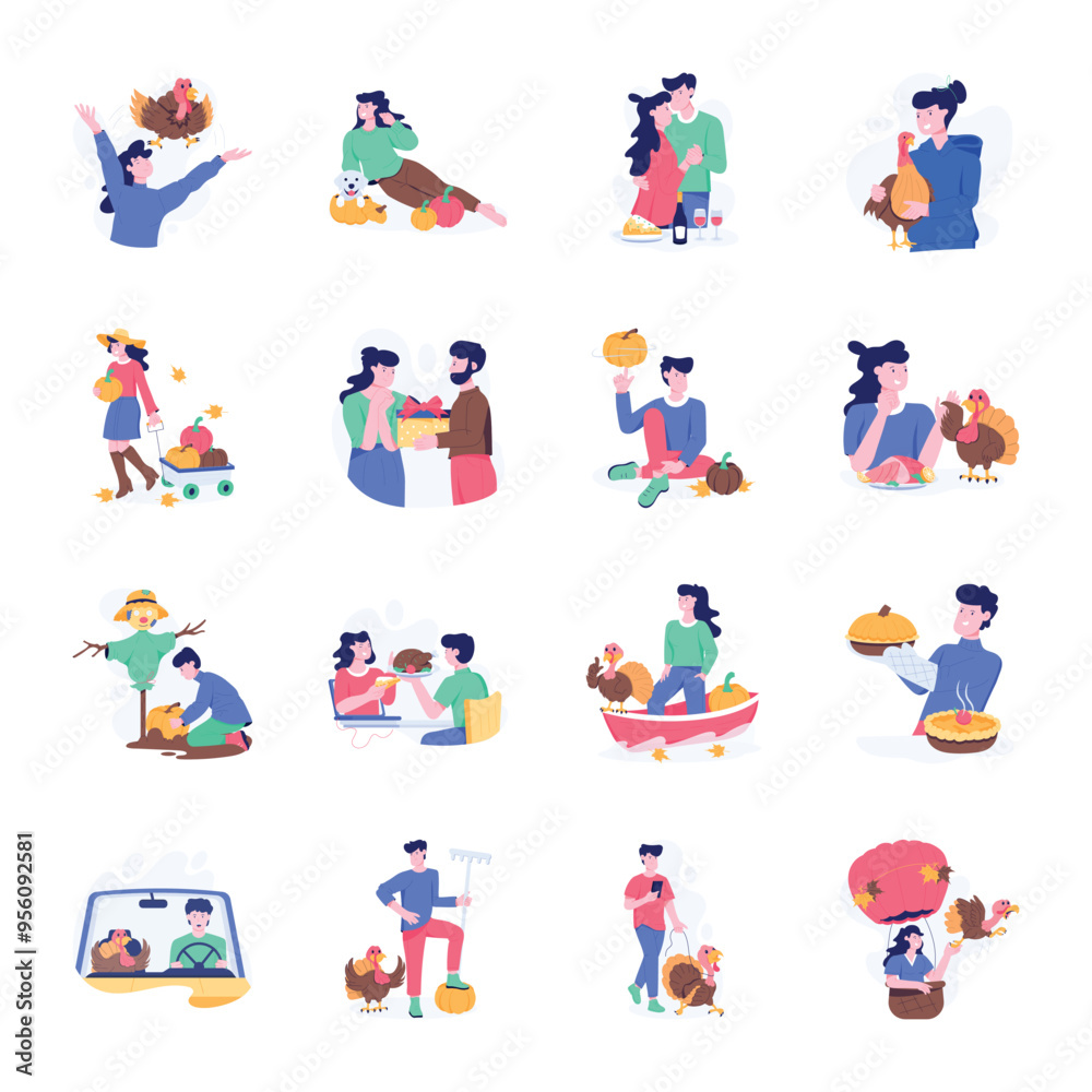 Fototapeta premium Latest Set of Thanksgiving Celebrations Flat Illustrations 