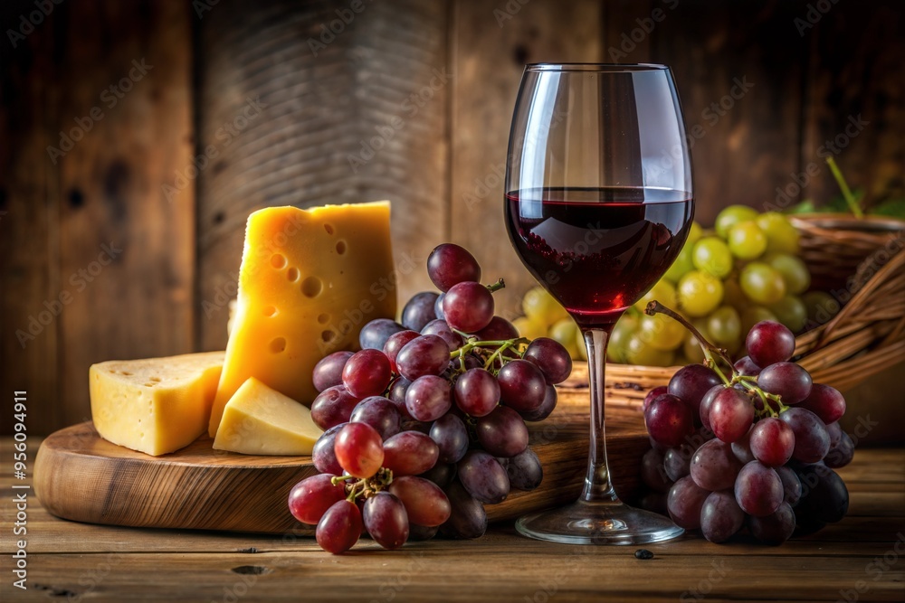 Fresh Grapes And Wine With Cheese On The Wooden Background. Still life Fresh Grapes And Wine With Cheese On The Wooden Background. Still life