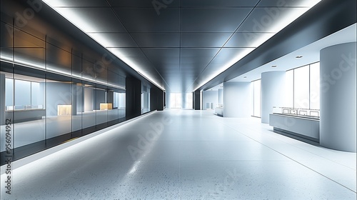 The space was changed to a white color palette with metallic texture, ceiling metal panels, luminous light strips, building. Generative AI.