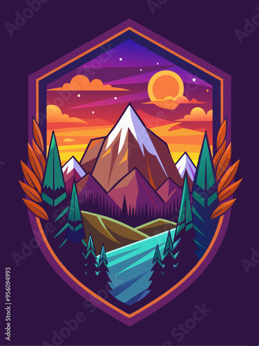 Mountain Landscape with Sunset and River in a Hexagon Frame