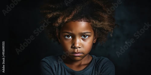 Charcoal background sad black American African child Portrait of young beautiful kid Isolated Background racism skin color depression anxiety 