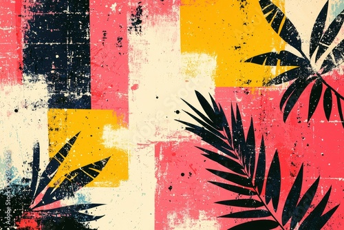 Abstract Palm Leaves on Colorful Grunge Background