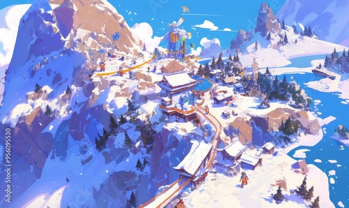 Enchanting Yichun Winter Wonderland: Anime-Style Illustration of Rime-Covered Landscapes and Stone Forests. Versatile Design for Tourism Marketing, Home Decor, and NFT Art. Vibrant yet Gentle Colors C photo