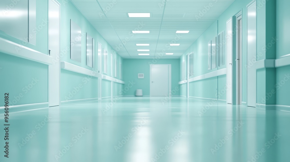 Empty Hospital Corridor with Light Blue Walls and Doors Empty Hospital Corridor with Light Blue Walls and Doors