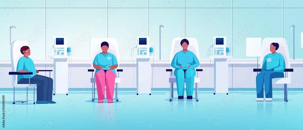 Four patients sit in a hospital room waiting for medical treatment. Four patients sit in a hospital room waiting for medical treatment.