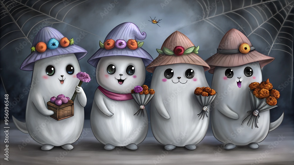 Obraz premium Adorable Ghosts in Hats with Flowers for Halloween holiday