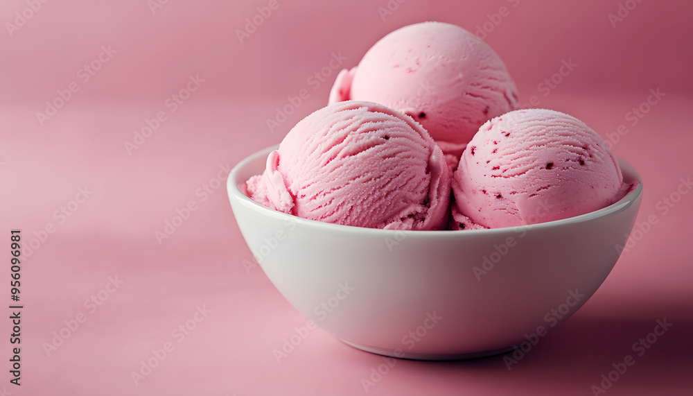 Minimalist Image of Pink Ice Cream Scoops in White Bowl Minimalist Image of Pink Ice Cream Scoops in White Bowl