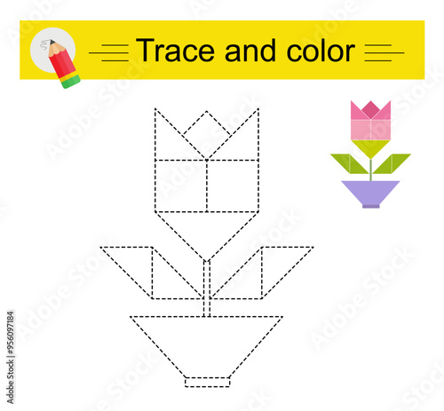 Trace and color for children. Preschool worksheet for practicing fine motor skills. Cartoon flower rose.