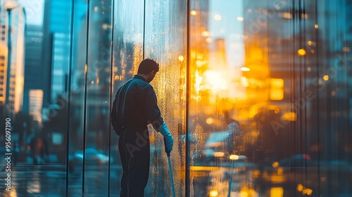 Office window being cleaned by a housekeeper, reflections of busy urban streets, cars, and people moving in the glass, dynamic cityscape in the background photo