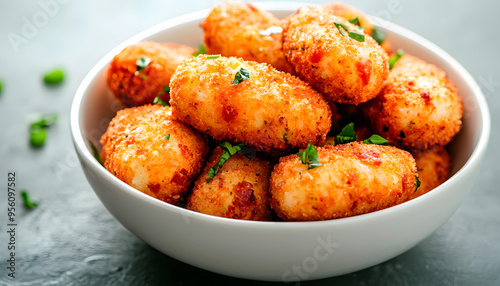 Delicious Spanish Croquettes Served Fresh in White Ceramic Bowl