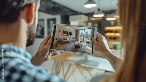 Couple Looking at a Virtual Tour on Tablet in Their Home photo