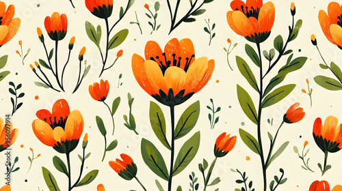 Orange Floral Pattern Watercolor Style Seamless Background Digital Illustration Repeat Texture