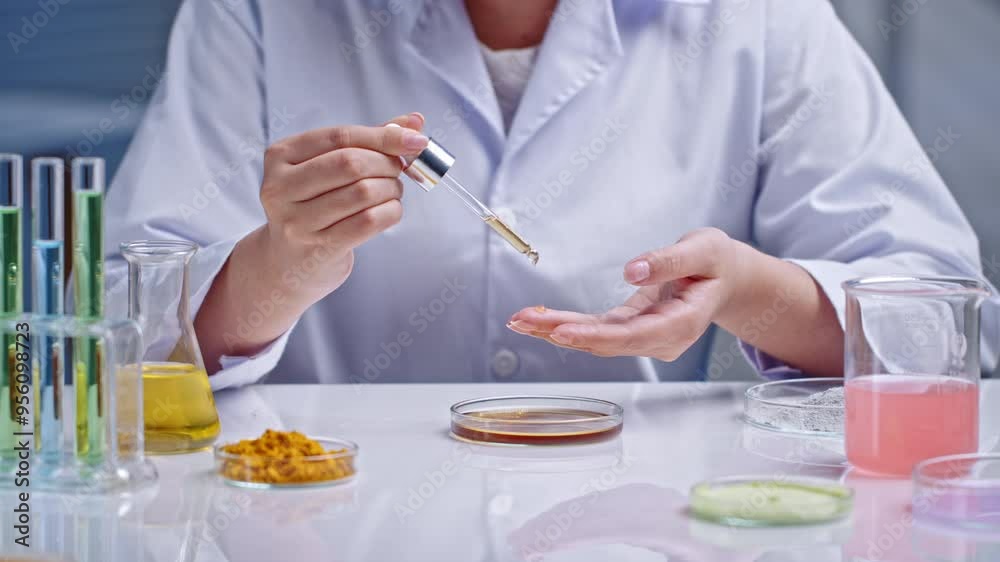 A scientist is dropping drops of essence on his hand to observe and do an experiment, surrounded by glass containers containing solutions and powdered chemicals on the table in a laboratory setting. A scientist is dropping drops of essence on his hand to observe and do an experiment, surrounded by glass containers containing solutions and powdered chemicals on the table in a laboratory setting.