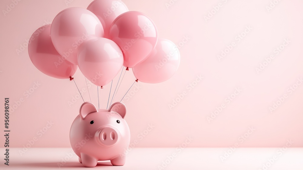 piggy bank with payday balloons, financial happiness, pastel background piggy bank with payday balloons, financial happiness, pastel background