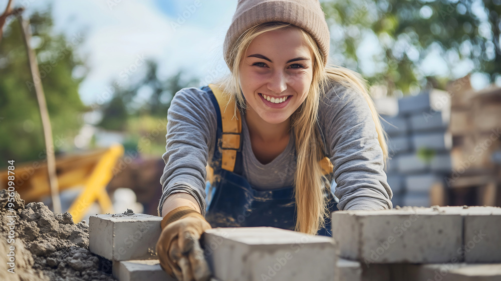Fototapeta premium Cheerful female bricklayer or mason happy smiling Caucasian young woman building a wall or architectural building with bricks and cement industry construction worker working with stone blocks outdoors