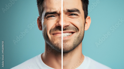 Photography split in half comparison of human feelings and emotions: close-up of a young Caucasian man’s face, left sad, unhappy, frustrated, disappointed, right side happy, cheerful joyful expression photo