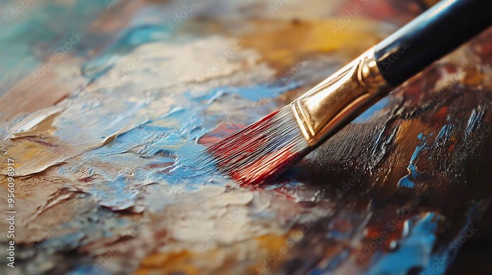 Close-up of a paintbrush on canvas or palette with colorful acrylic paints, artist or painter's tool for creating art, creative drawing, equipment for painting, design, and creativity, smudge coloring Close-up of a paintbrush on canvas or palette with colorful acrylic paints, artist or painter's tool for creating art, creative drawing, equipment for painting, design, and creativity, smudge coloring