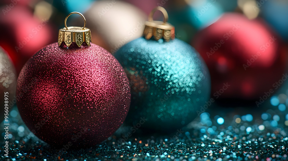 Close up of Red and Teal Glitter Christmas Ornaments on Sparkly Surface Close up of Red and Teal Glitter Christmas Ornaments on Sparkly Surface