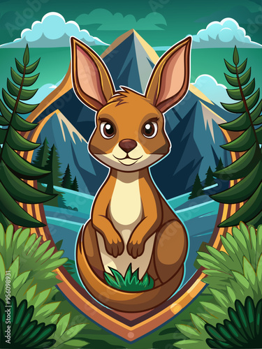 Cartoon Kangaroo in a Mountainous Forest Setting