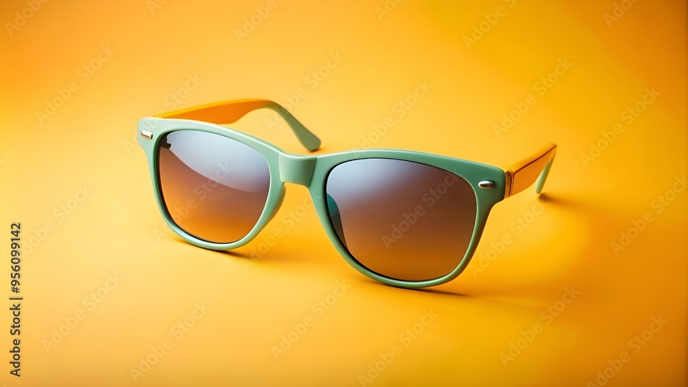 A pair of stylish. green sunglasses with a yellow accent on a vibrant yellow background. A pair of stylish. green sunglasses with a yellow accent on a vibrant yellow background.