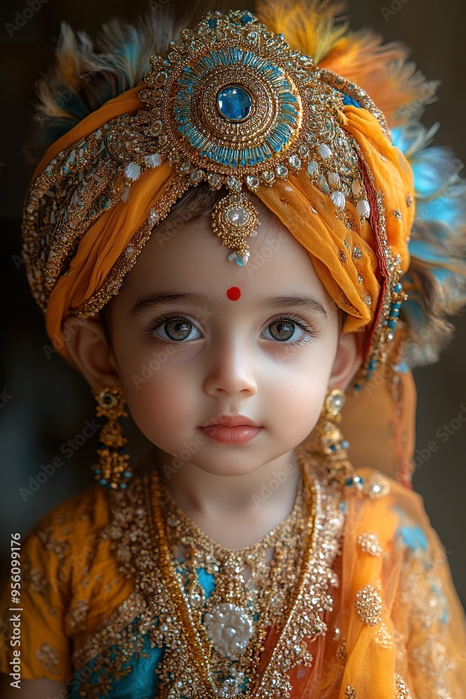 Little boy in makeup and dress representing Lord Krishna . Little boy in makeup and dress representing Lord Krishna .