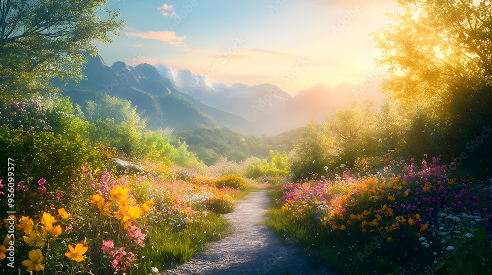 Mountain Meadow Path with Wildflowers and Sunbeams