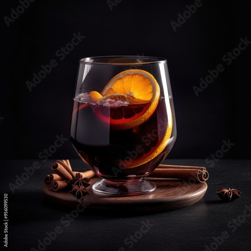 Glass of mulled wine with orange and cinnamon on a black background