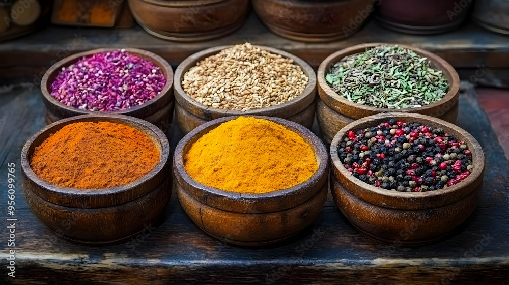 Aromatic Spices in Wooden Bowls on Rustic Table Aromatic Spices in Wooden Bowls on Rustic Table