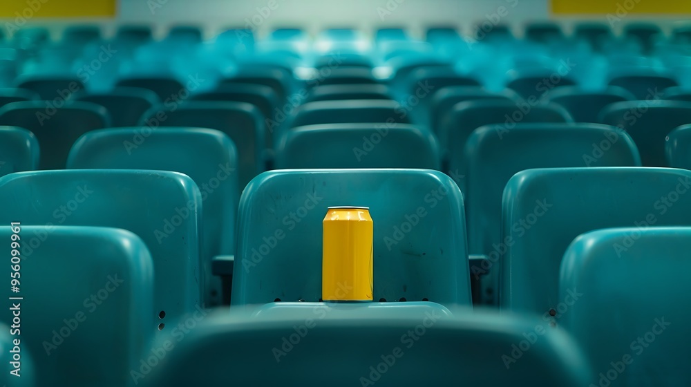 In the center of a line of cyan seats is a yellow soda can In the center of a line of cyan seats is a yellow soda can