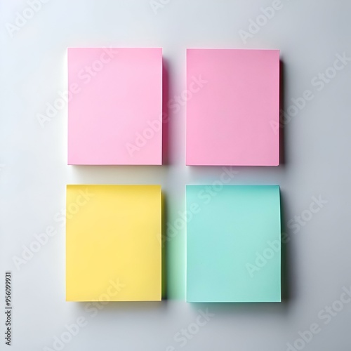 Four blank sticky notes in pastel pink. yellow. and blue arranged in a square on a white background.