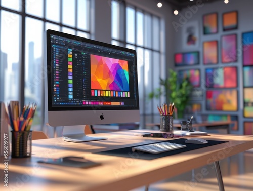 Modern graphic designer desk with computer displaying colorful digital art software, creative design tools and color palette in an cozy office setting