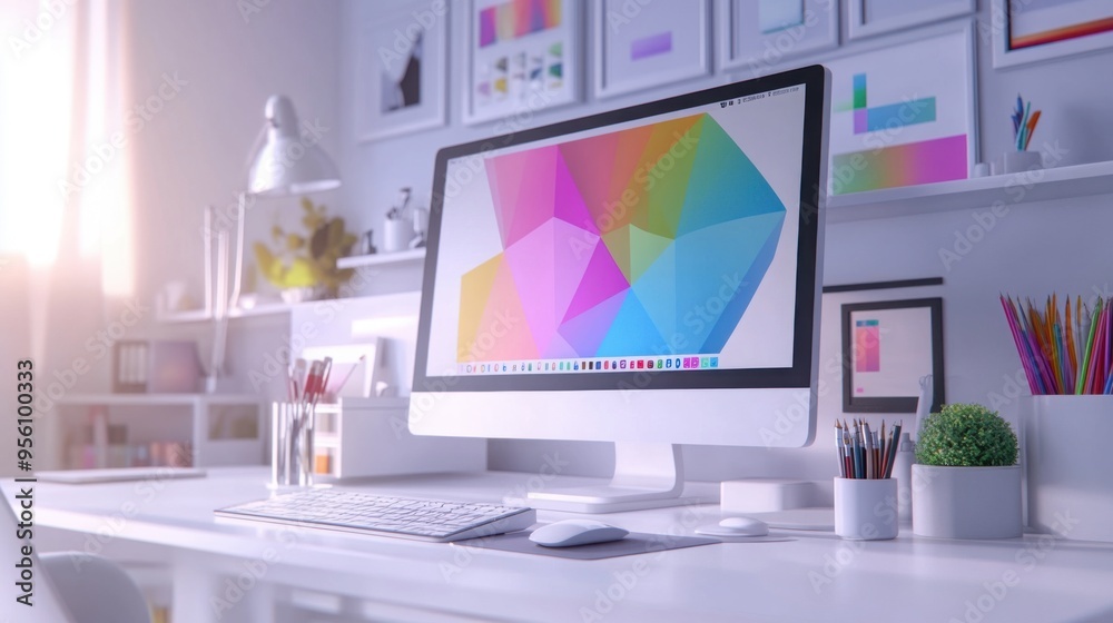 custom made wallpaper toronto digitalModern graphic designer desk with computer displaying colorful digital art software, creative design tools and color palette in an cozy office setting