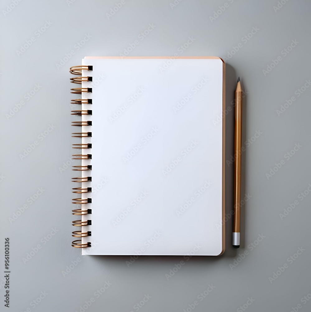 A clean and simple mockup featuring a blank spiral notebook with a pencil resting beside it on a light grey background.