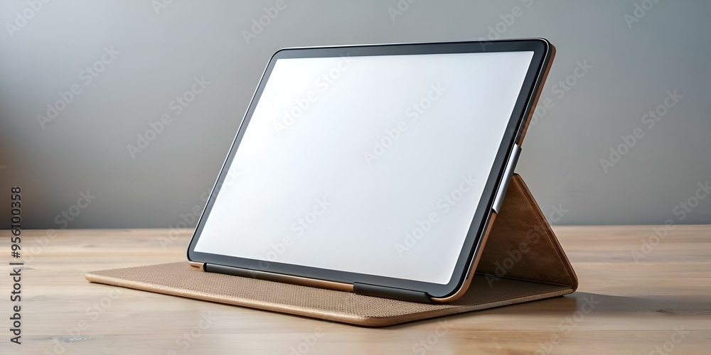 A modern tablet with a sleek case. positioned on a wooden desk with a blank screen for your design. A modern tablet with a sleek case. positioned on a wooden desk with a blank screen for your design.