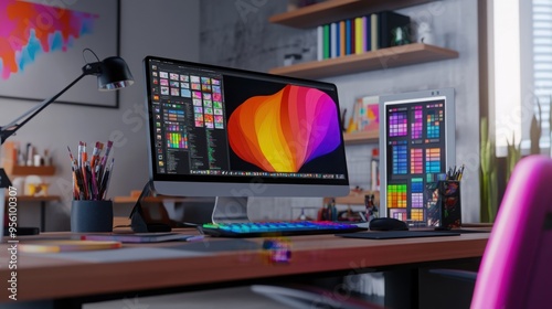 Modern graphic designer desk with computer displaying colorful digital art software, creative design tools and color palette in an cozy office setting