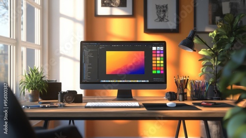 Modern graphic designer desk with computer displaying colorful digital art software, creative design tools and color palette in an cozy office setting