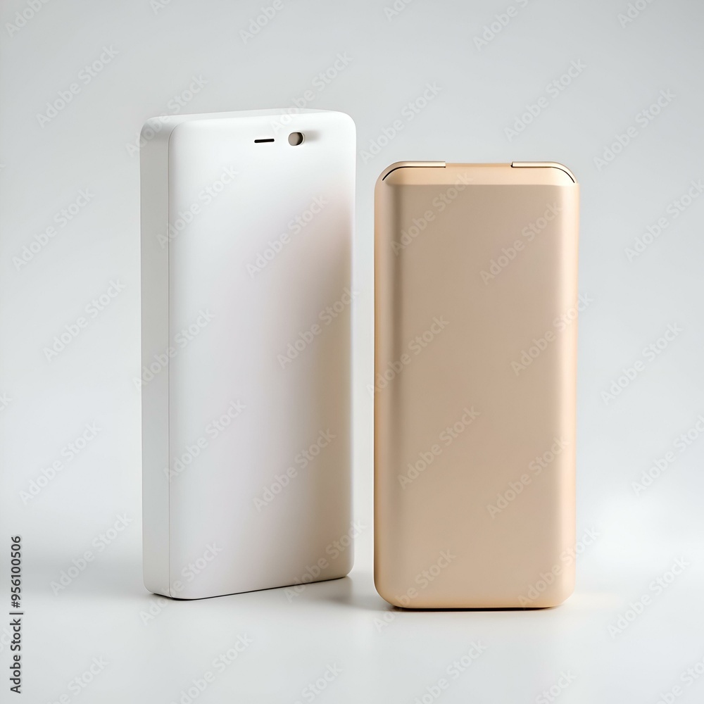 Two blank power banks. one white and one gold. perfect for showcasing your brand's logo or design. Two blank power banks. one white and one gold. perfect for showcasing your brand's logo or design.