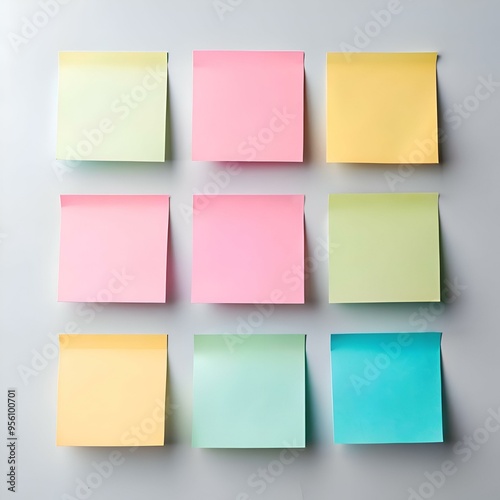 Nine blank sticky notes in various colors arranged on a white background.