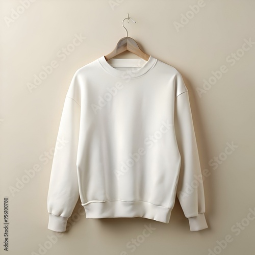 Blank white crew neck sweatshirt mockup hanging on wooden hanger against neutral beige background.