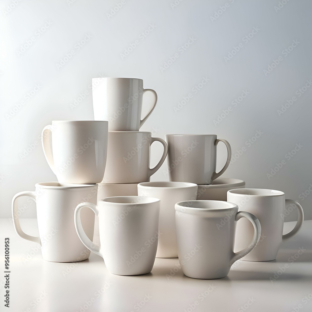 A minimalist and modern still life featuring a collection of white ceramic mugs arranged in a visually appealing composition. A minimalist and modern still life featuring a collection of white ceramic mugs arranged in a visually appealing composition.