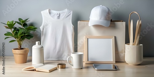 Clean and modern mockup featuring a white tank top. cap. mug. and other blank promotional items.